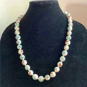 VINTAGE Hand Knotted 24" RED BIRDS PORCELAIN Beaded Necklace. 41beads total
